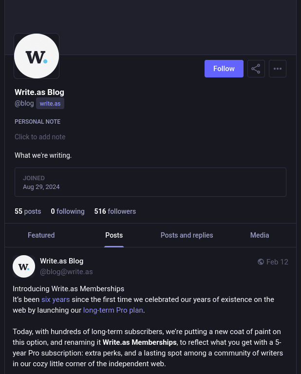 A screenshot of Mastodon showing a Writefreely Blog