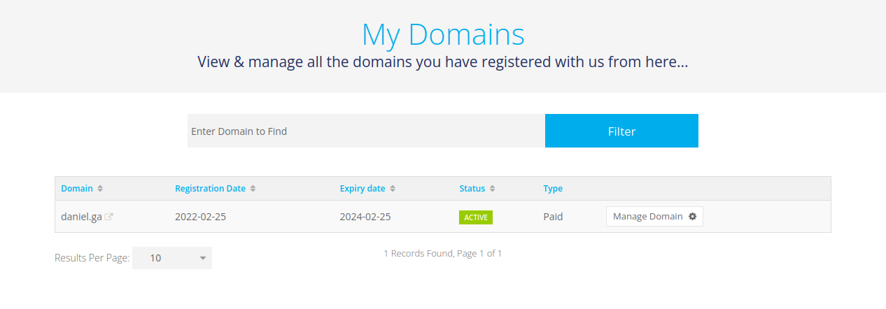 A screenshot of the Freenom admin interface showing the domain daniel.ga being active and paid for